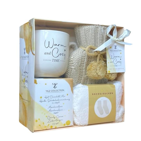 Women Gift Set -Hot Water Bottle, Hot Chocolate Mix, Mini Marshmallows, Mug, Socks, Crushed Candy