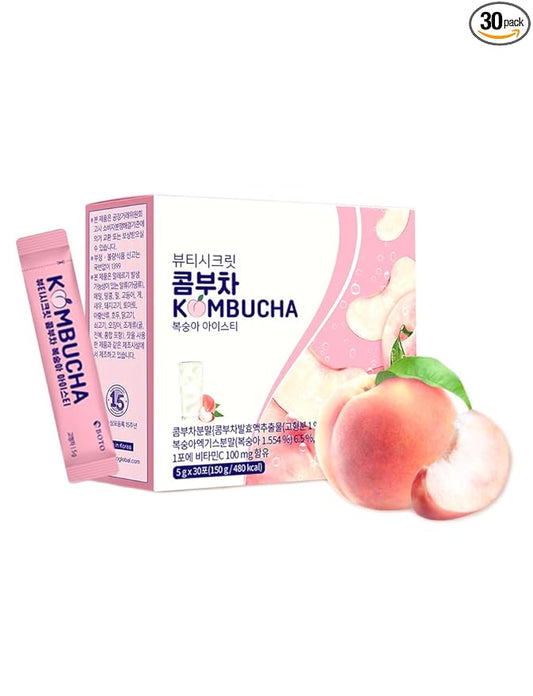 Korean Kombucha Peach Iced Tea Powder – 5g x 30 Sticks | Zero Sugar, Low Calorie, Sparkling Black