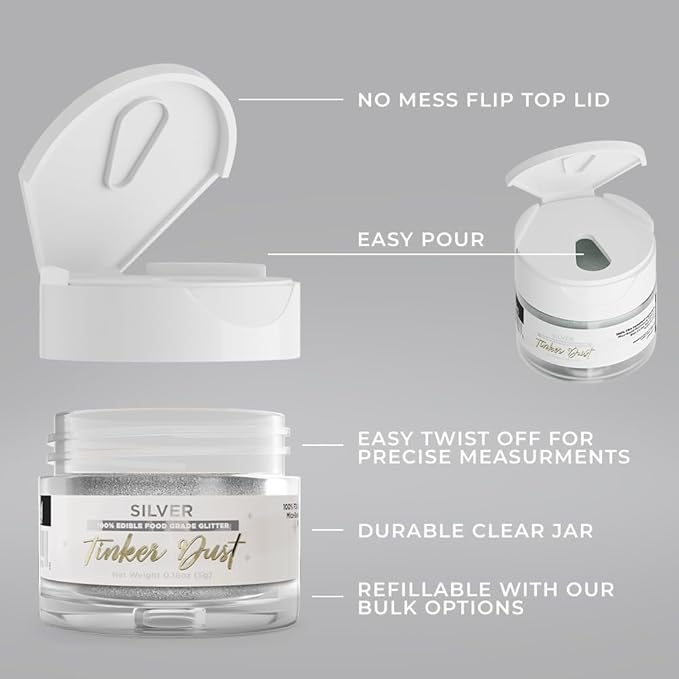 Bakell - Silver Tinker Dust (5g, 1x Jar) Edible Glitter for Food, Desserts, and Beverages!