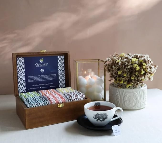 Octavius Gift's Select - Assorted Tea in Elephant Printed Wooden Box | 6 Flavors, 90 Tea Bags |