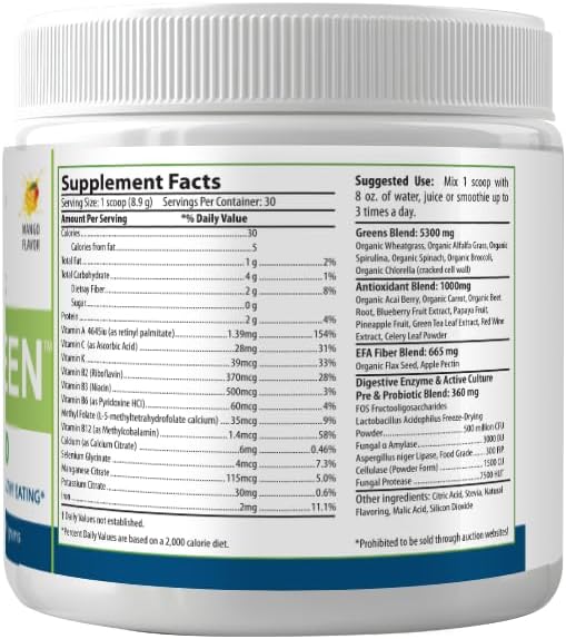 PURE Greens Superfood Raw Organic Drink Mix, Mango Flavor, Spirulina, Chlorella, 30 Servings, 8.9g