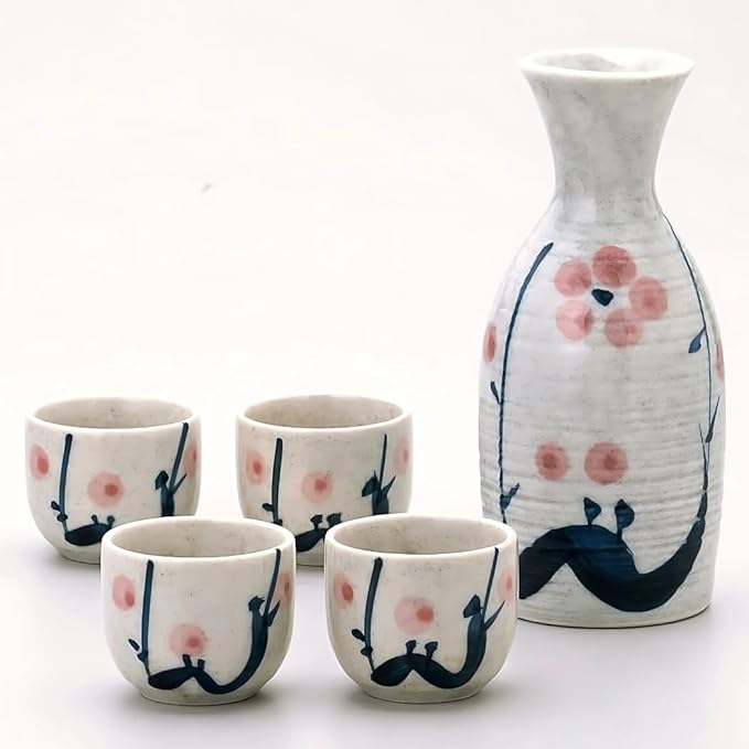 JapanBargain 4979, Japanese Porcelain Plum Sake Set Sake Carafe Bottle Sake Cups for Serving Hot