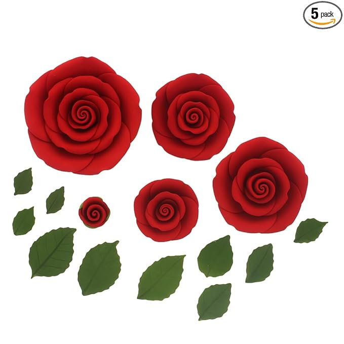 Global Sugar Art Edible Exquisite Rose & Leaf Tray Sugar Cake Flowers, Red Unwired, 5 Count by Chef