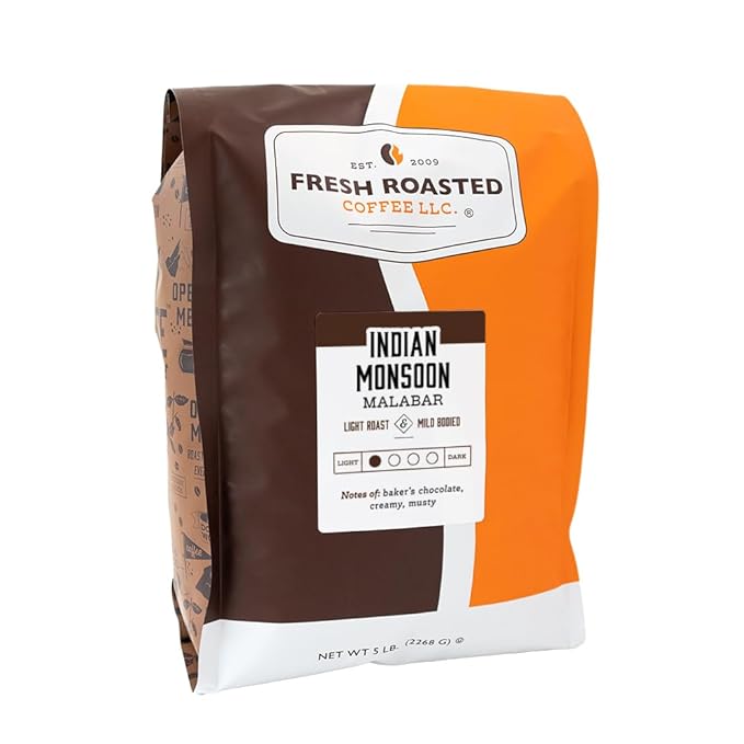Fresh Roasted Coffee, Indian Monsoon Malabar, 5 lb (80 oz), Light Roast, Kosher, Whole Bean