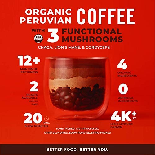 Laird Superfood Peruvian Medium Roast Coffee with Functional Mushrooms, Certified Organic Peruvian