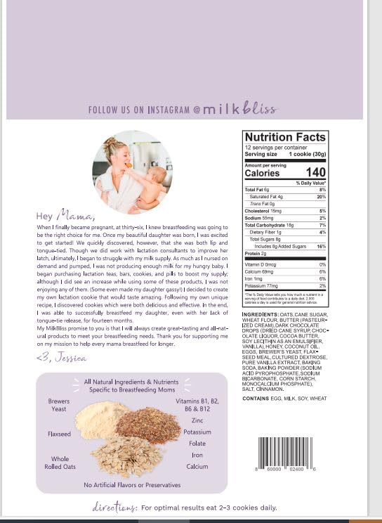 MilkBliss Dark Chocolate Chip Oatmeal Lactation Cookies with Brewers Yeast for Breastfeeding and