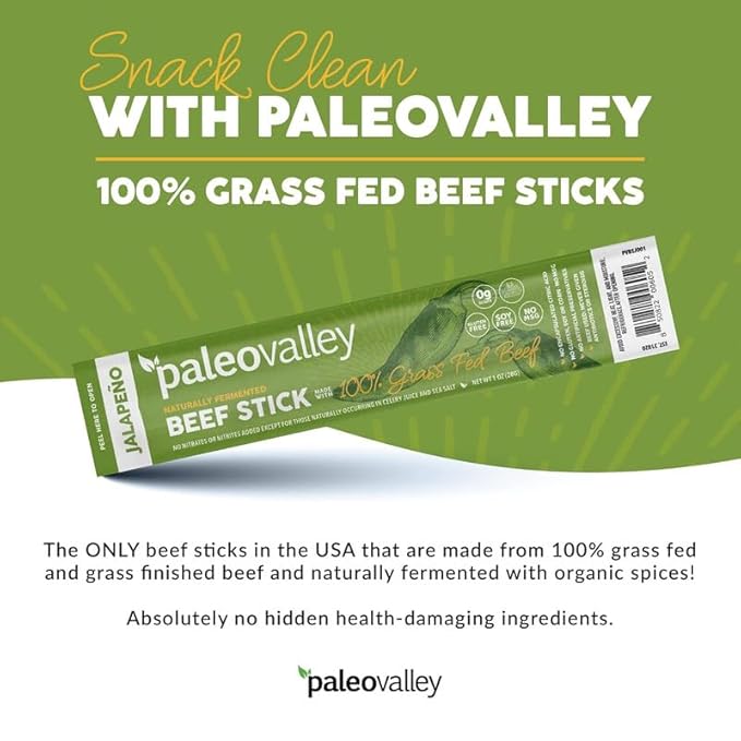 Paleovalley 100% Grass Fed Jalapeno Beef Sticks - Delicious Gluten Free Beef Snack - High Protein