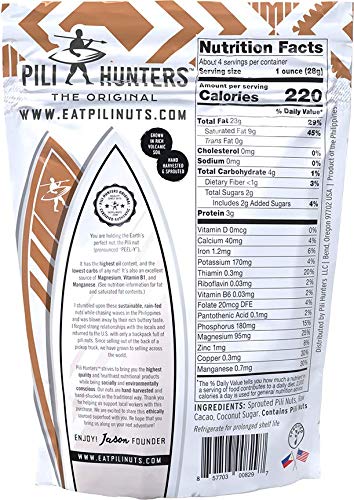 Pili Hunters - Wild Sprouted Pili Nuts, Raw Cacao (4 oz Bag) Vegan Snack for Low Carb Energy