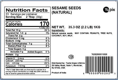 Yupik Natural Sesame Seeds, 2.2 lb (35.2 oz), Pack of 6, Gluten-Free, GMO-Free, Kosher, Vegan, Raw