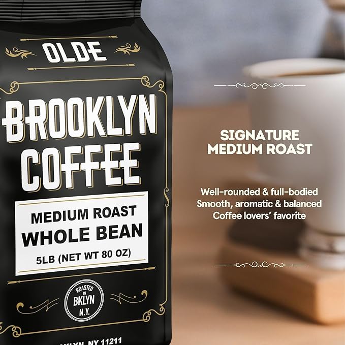 BROOKLYN COFFEE Whole Bean, Classic Medium Roast (5lb) Balanced, Smooth, Mellow - Fresh Bulk Coffee