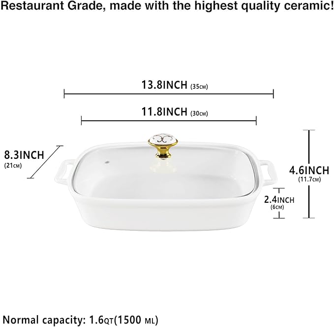 11" x 8" Ceramic Rectangular Casserole Dish with Glass Lid, 1.6 Quart White Serving Soup