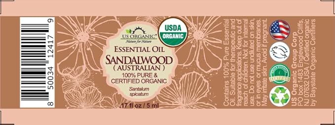 US Organic 100% Pure Sandalwood Essential Oil, USDA Certified Organic, Steam Distilled, Santalum