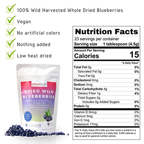 powbab Dried Wild Blueberries. 100% Whole Dried Blueberries No Sugar Added. No Sunflower Oil, No