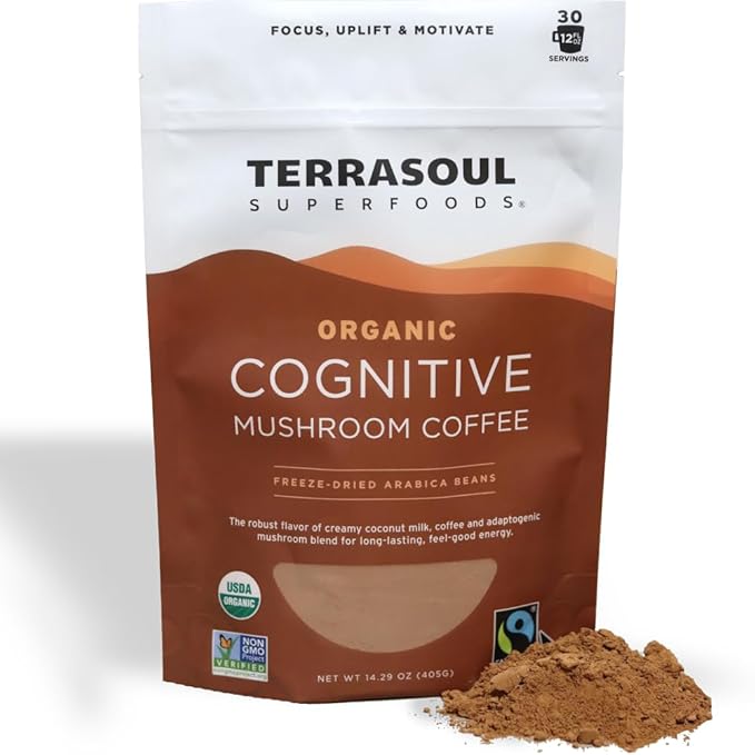 Terrasoul Superfoods Organic Cognitive Mushroom Coffee, 30 Servings, 14.29 Oz, Energize Your