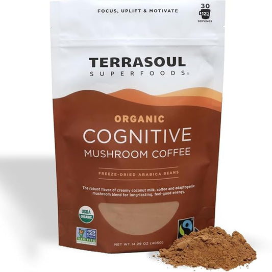 Terrasoul Superfoods Organic Cognitive Mushroom Coffee, 30 Servings, 14.29 Oz, Energize Your