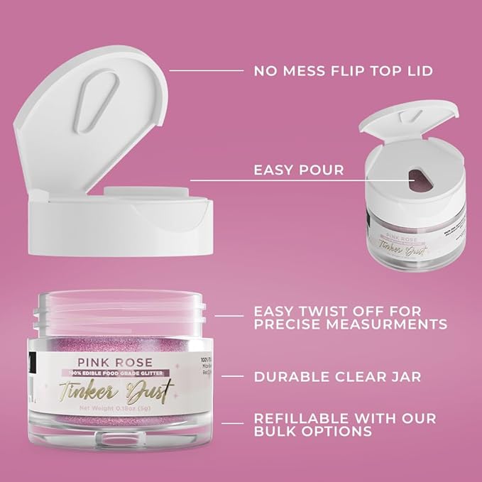 Bakell - Pink Rose Tinker Dust (5g, 1x Jar) Edible Glitter for Food, Desserts, and Beverages!