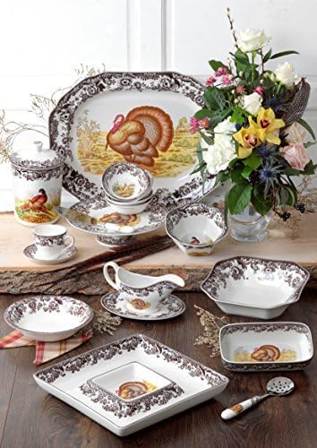 Spode Woodland Cranberry Dish with Slotted Spoon - Featuring Turkey Motif & British Flower Border