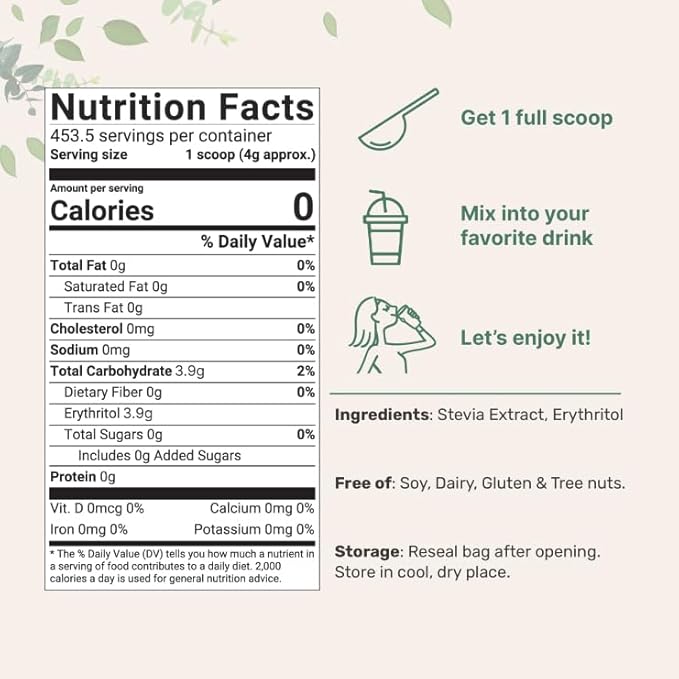 Stevia Sweetener Powder with Plant-based Erythritol, 4 Pounds (64 Ounces) | Keto, 0 Calorie, Low