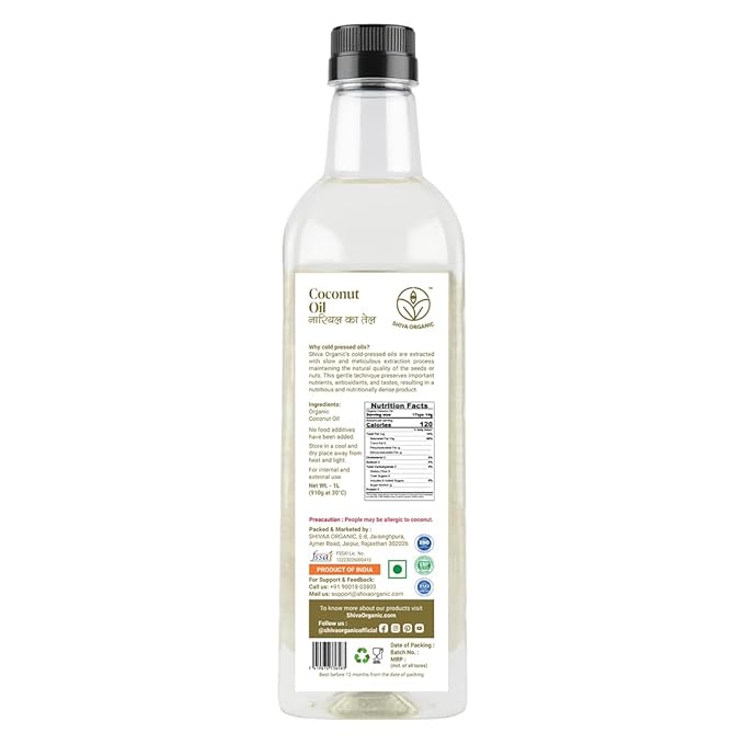 Shiva Organic Cold-Pressed Coconut Oil - 100% Natural, Certified Organic - 1L (33.8 fl oz) for