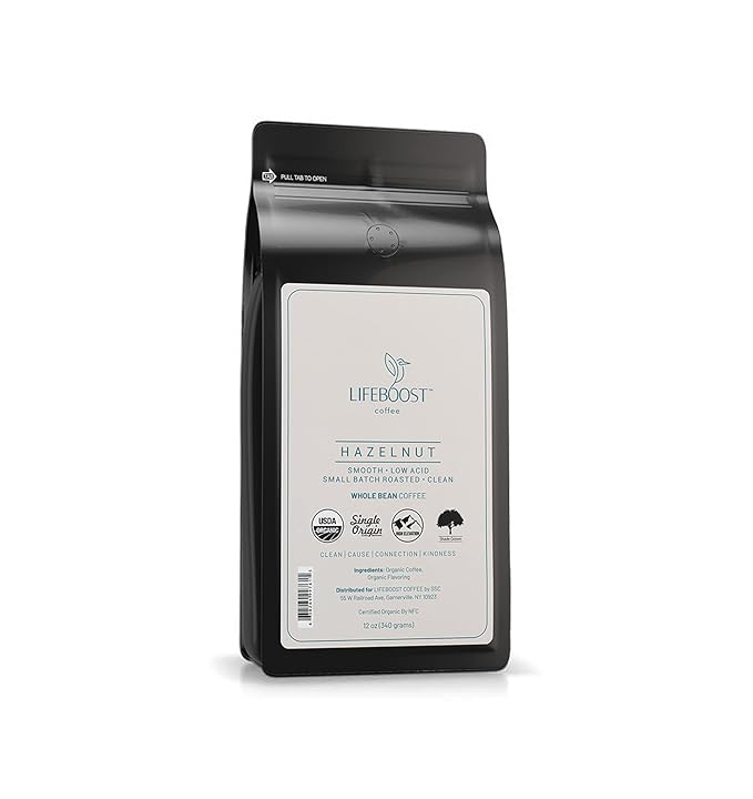 Lifeboost Hazelnut Whole Bean Coffee ??Organic, Low Acid, Non-GMO Hazelnut Flavored Coffee ??Single