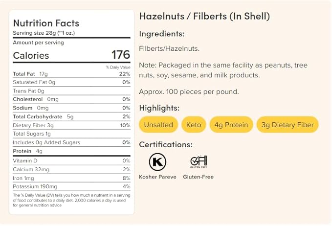 Nuts.com Oregon Hazelnuts in Shell, Filberts 1 lb Bag - Whole Raw Jumbo Hazelnuts - Gourmet