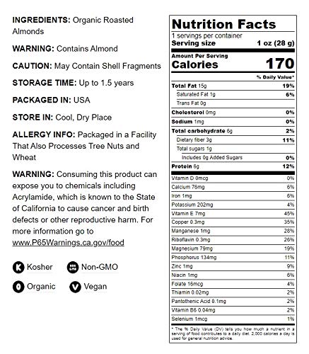 Food to Live Organic Dry Roasted Almonds, 12 Ounces – Non-GMO, Unsalted, Vegan, Keto, Paleo