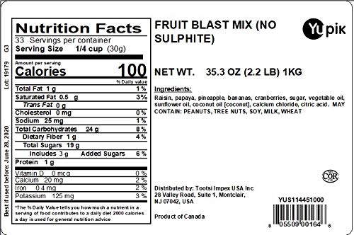 Yupik Trail Mix, Sulfite Free Fruit Blast, 2.2 lb, A mix of bananas, raisins, cranberries, papaya