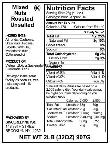 Sincerely Nuts Roasted & Unsalted Mixed Nuts (2 LB) Almonds, Cashews, Brazil Nuts, Hazelnuts &