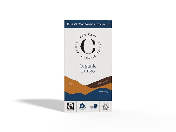 Cru Kafe Lungo Espresso Strong USDA Organic Espresso Coffee Capsules (10 Pods) Fairtrade Coffee