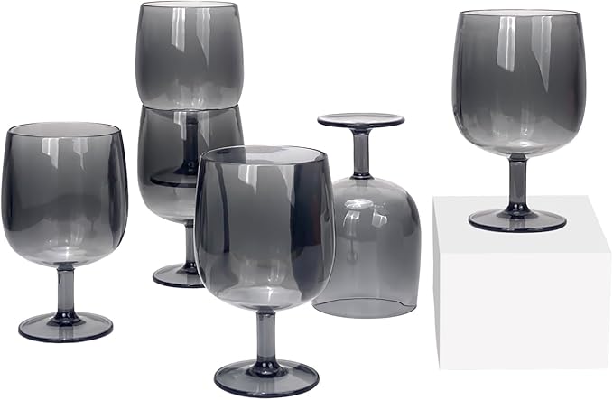 Yalin Set of 6 Unbreakable 12 oz Acrylic Plastic Wine and Water Tumbler Stackable Goblets. (Gray