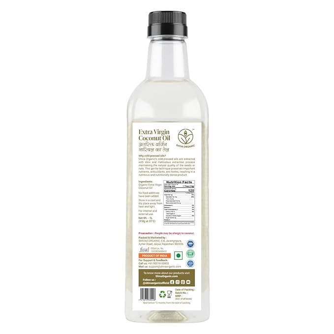 Shiva Organic Extra Virgin Coconut Oil - 100% Natural, USDA Certified Organic - 1L (33.8 fl oz))