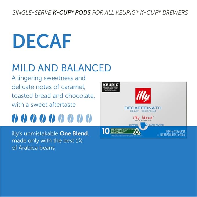 Illy Coffee K Cups - Pods For Keurig Machines – Classico Decaf Roast – Notes of Caramel - Mild