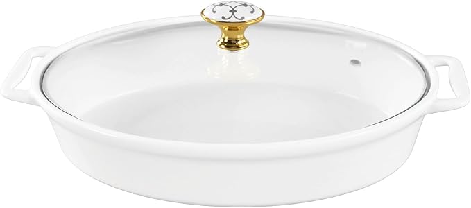 10" x 7" Ceramic Oval Casserole Dish with Glass Lid, 30 Ounce White Serving Soup Tureen,Chafing