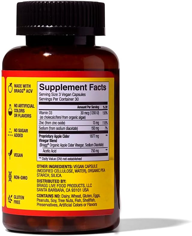 Bragg Apple Cider Vinegar Capsules with Vitamin D and Zinc - (3 Pack) 90 Capsules - Supports The
