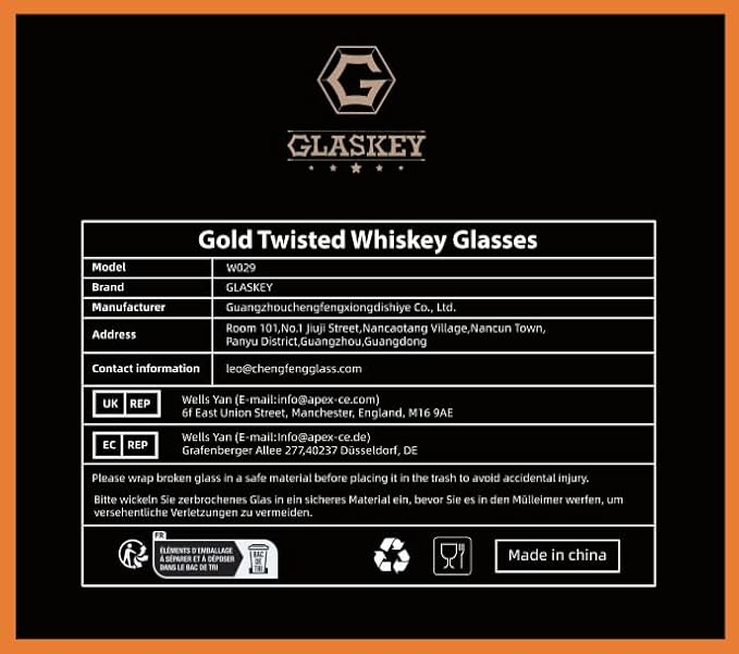 Crystal Whiskey Glasses Set of 2 with 24K Gold Rim,Bar Glasses,Twisted Whiskey Glass Gold