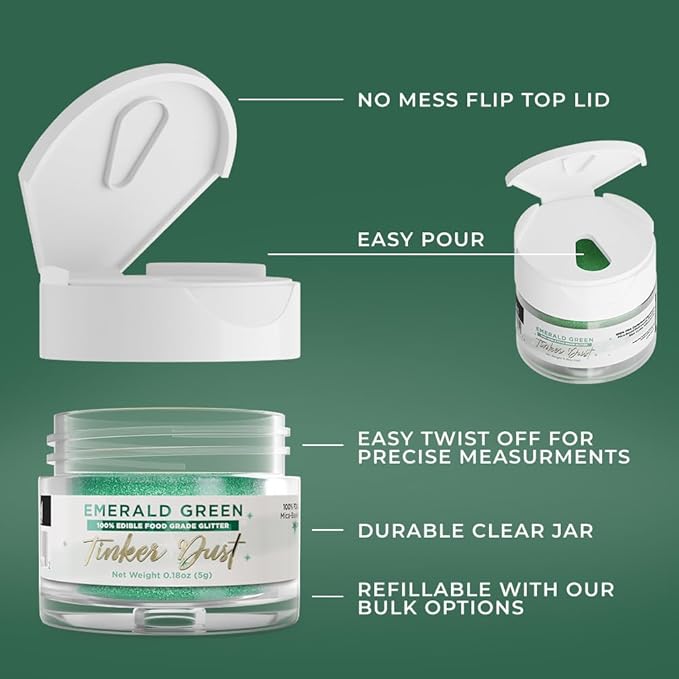 Bakell - Emerald Green Tinker Dust (5g, 1x Jar) Edible Glitter for Food, Desserts, and Beverages!