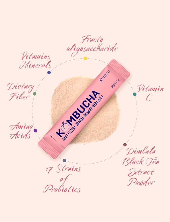 Korean Kombucha Peach Iced Tea Powder – 5g x 30 Sticks | Zero Sugar, Low Calorie, Sparkling Black