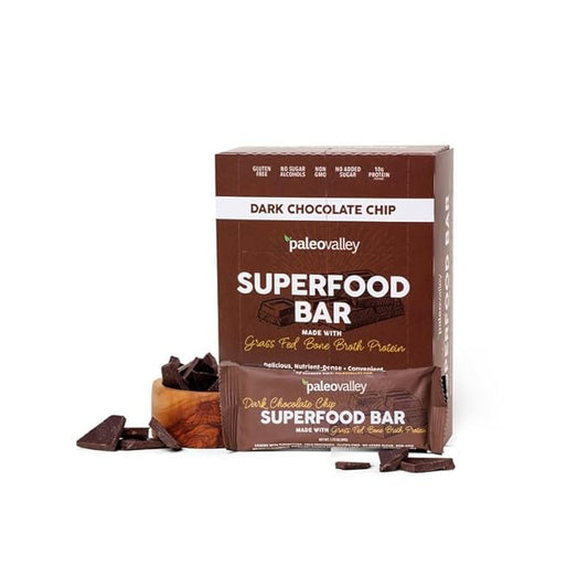 Paleovalley Superfood Bars – Dark Chocolate Chip– 12 Pack – 9g Protein per Bar – Gluten-Free