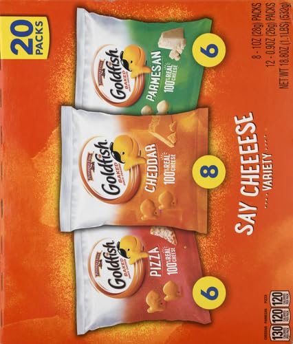 Goldfish Crackers Say Cheeeese Variety Pack with Cheddar, Pizza and Parmesan, Snack Packs, 20 Ct