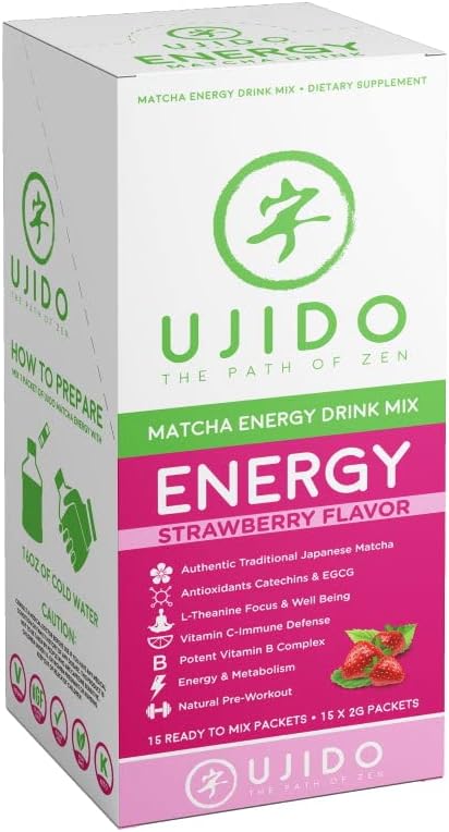 Ujido Matcha Energy Packets, Strawberry Flavor, Sugar-Free, Monkfruit, Non-GMO, Antioxidant, Keto &