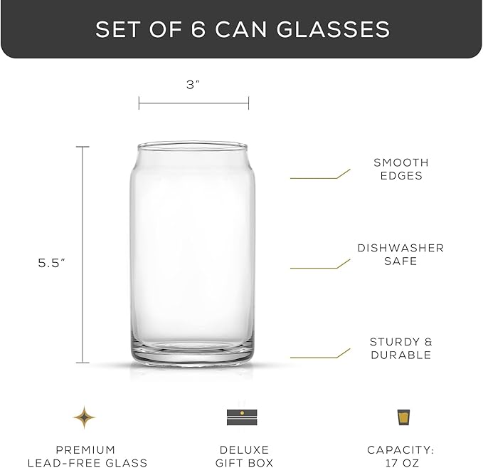 JoyJolt Drinking Glass Cups Set of 6-16oz Beer Can Glasses. Clear Soda Can Shaped Glass Cups, Cute
