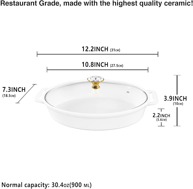 10" x 7" Ceramic Oval Casserole Dish with Glass Lid, 30 Ounce White Serving Soup Tureen,Chafing