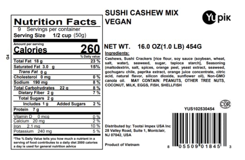 Yupik Sushi Cashew Mix, 1 lb (16 oz), Non-GMO, Vegan, Crunchy Savory Snack with Rice Crackers