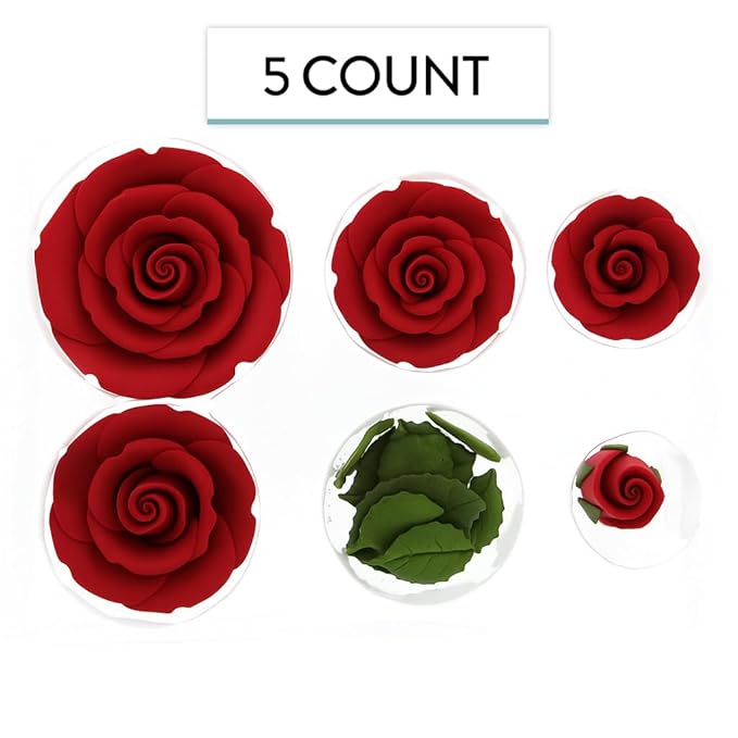 Global Sugar Art Edible Exquisite Rose & Leaf Tray Sugar Cake Flowers, Red Unwired, 5 Count by Chef