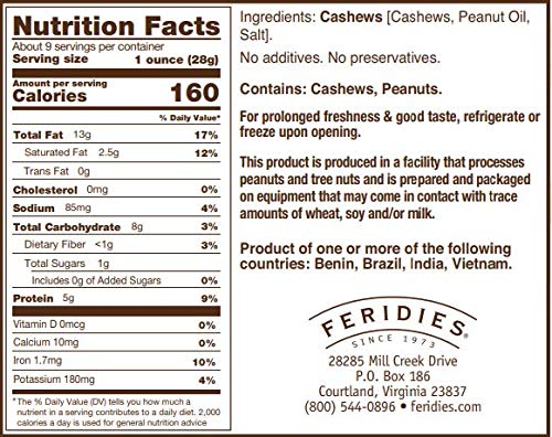 FERIDIES Gourmet Whole Salted Cashews, Rich Flavor Plump Size, Non-Gmo, Ou Kosher Certified - 9 Oz