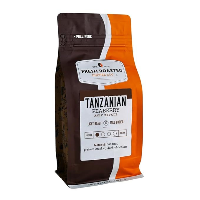 Fresh Roasted Coffee, Tanzanian Peaberry, 12 oz, Light Roast, Kosher, Whole Bean