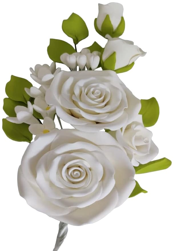 O'Creme Gumpaste Flower Spray, White Rose 4x6 - Edible Flowers for Cake Decorating - Flower