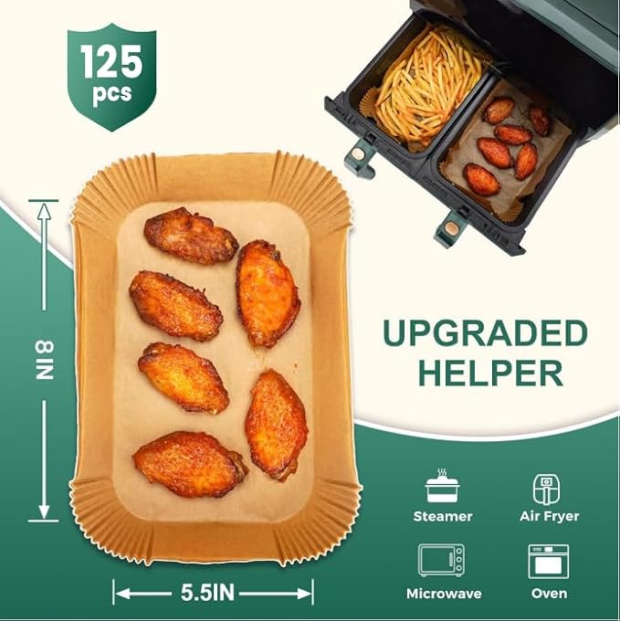125Pcs Air Fryer Liners Disposable for Dual Basket, 8x5.5 Inch Rectangle Parchment Paper for Ninja