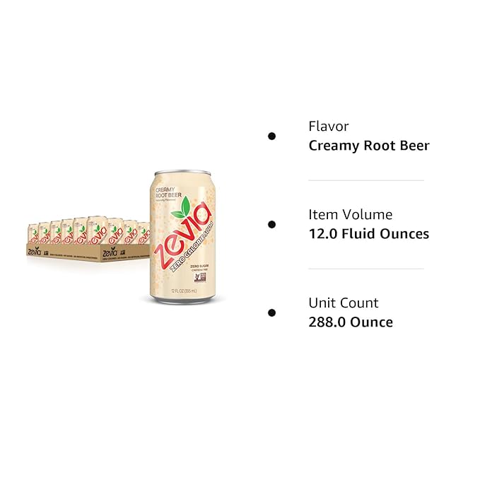 Zevia Zero Sugar Soda, Creamy Root Beer, 12 oz Cans (24-Pack) ??Naturally Sweetened, Non-GMO