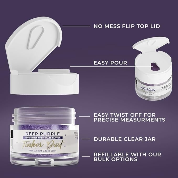 Bakell - Deep Purple Tinker Dust (5g, 1x Jar) Edible Glitter for Food, Desserts, and Beverages!